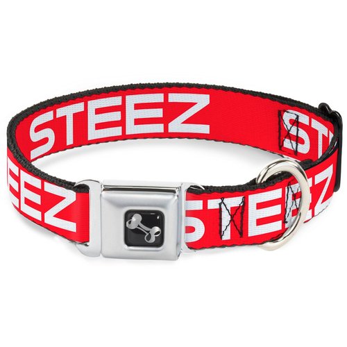 Dog Collar Seatbelt Buckle Steez Flat Red White 18 to 32 Inches 1.5 Inch Wide