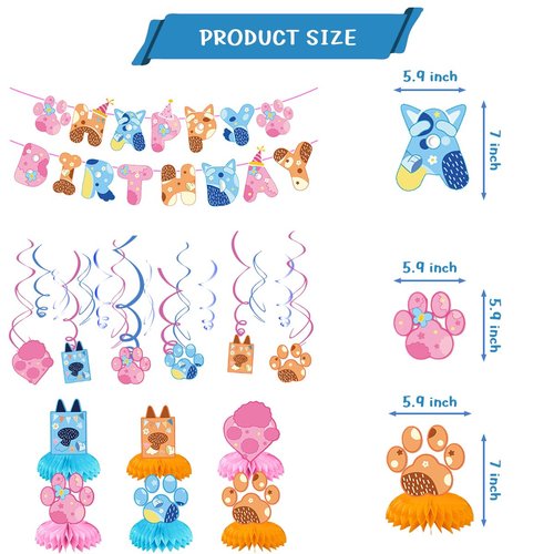 Blue Dog Birthday Party Supplies, Blue Dog Party Decorations - Banner -6 swirl-6 Honeycomb Centerpieces