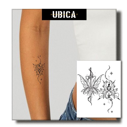UBICA Temporary Tattoos Adult, 2 Sheets Fake Tattoos, Realistic And Long-Lasting Non-Reflective, Waterproof For 1-2 Weeks, Butterfly Sword Design Tattoo Sticker 3.8x4.4in