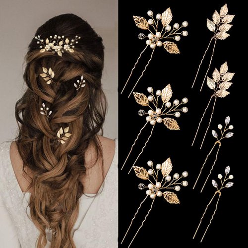 7 Pieces Wedding Hair Accessories Bridal Hair Pins Gold Leaf Crystal Pearl Hair Clips Headpiece Vintage Flower Jewelry for Brides Bridesmaids