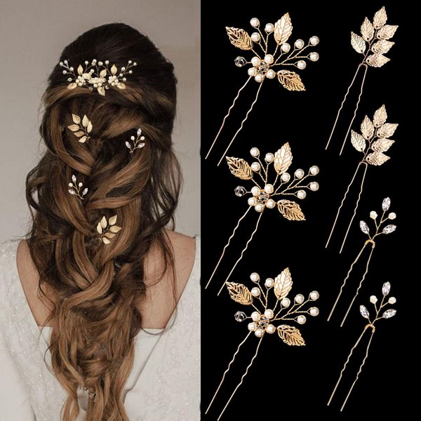 7 Pieces Wedding Hair Accessories Bridal Hair Pins Gold Leaf Crystal Pearl Hair Clips Headpiece Vintage Flower Jewelry for Brides Bridesmaids