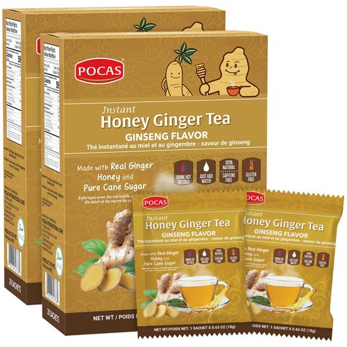 Pocas Honey Ginger Tea - Instant Tea Powder Packets w/Ginseng & Ginger Honey Crystals Tea, Non-GMO/Gluten Free/Caffeine Free, 20 Count