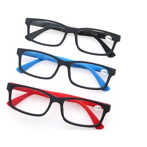 MODFANS Reading Glasses Men Women 1.0 Strength Readers Eyeglasses Square Matte Comfort Feel Spring Hinge 3 Pack Mix Color Black Red Blue