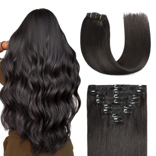 Sunya Clip in Hair Extensions Real Human Hair Natural Black Human Hair Clip in Extensions Double Weft Human Hair Clip ins Straight Hair Extensions Clip ins 18 Inch #1B 8Pcs/120g