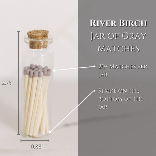River Birch Gray Tip Matches in Jar with Striker - Home Decor Matches for Candles with Glass Match Holder, 3 Jars of 20+ Wooden Safety Matches (60+ Color Matches for Decorative Candles)