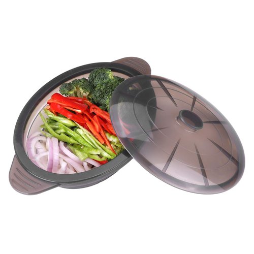 Microwave Steamer Cooker Collapsible Bowl-Silicone Steamer Cookware with Handle Lid for Vegetables Fish Prep Meal Food with Removable Rack BPA Free, Easy to Store, Freezer & Dishwasher Safe, Black