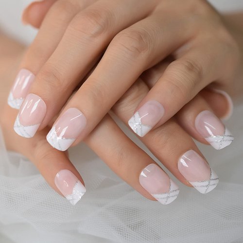 Nude Natural French Nail Fake Nails Short Length Designed False Nails Press On White Silver Glitt...