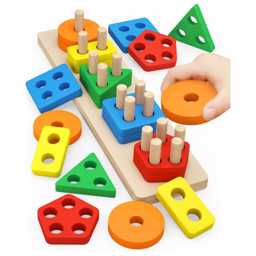 PEBIRA Montessori Toys for 1 to 3-Year-Old Boys Girls Toddlers, Wooden Sorting & Stacking Toys for Toddlers and Kids Preschool, Educational Toys, Color Recognition Shape Sorter, Learning Puzzles Gift