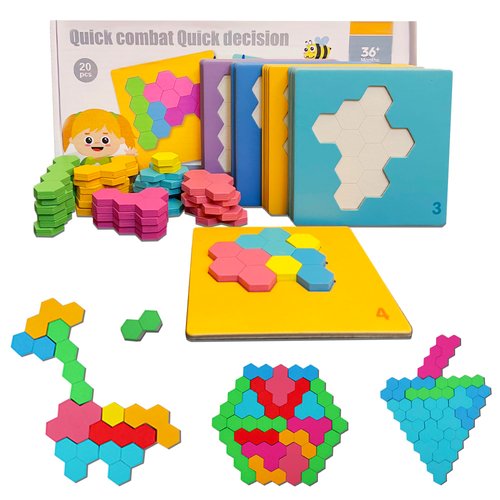 EINZUFUF Wooden Blocks Puzzle, 20 Pack Wooden Tangram Puzzle | Colorful Wood Learning Puzzles & Shape Pattern Block Tangram, Brain Teaser Puzzle, Montessori Educational Gift for Children