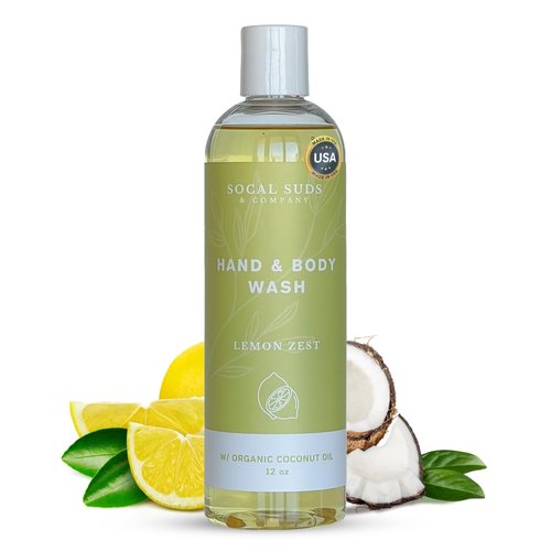 SoCal Suds & Company - 12oz Thick Organic Castile Soap Liquid Lemon Zest, Hand & Body Wash for Men & Women, Made w/Organic Oils & Coconut Oil, Perfect Bath Essentials, Gentle Soap for All Skin Types
