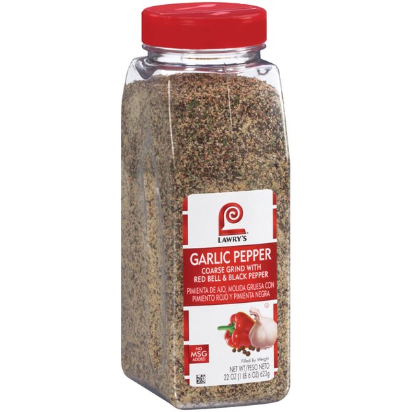 Lawry's Coarse Grind Garlic Pepper with Red Bell & Black Pepper, 22 oz - One 22 Ounce Garlic Pepper Seasoning with Parsley, Great on Beef, Seafood, Salads and Vegetables