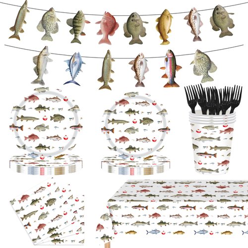 SJJPDYY Fishing Birthday Party Decorations，122pcs Fishing Themed Tableware Set Include Plates, Cups, Cutlery, Banner, Tablecloth for Ofishally One Birthday Decorations，Serve 24