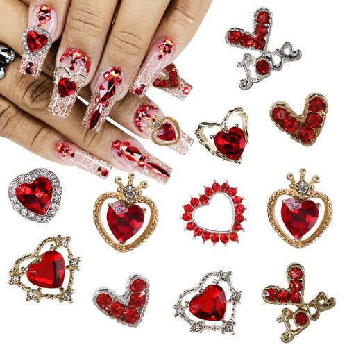 Valentine’s Day Nail Charms 22Pcs Alloy Heart Nail Art Charms Red Nail Gems Accessories Shiny Valentines Heart Nail Rhinestones Jewelry Gold Silver Love Nail Charms for Acrylic Nails Decor Supplies
