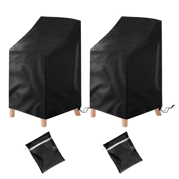 Uranshin Stacking Outdoor Chair Covers Waterproof, Outdoor Patio Chair Covers Stackable Chair Cover, Lawn Lounge Chair Covers for All Weather Protection,Black, 25" L x 25" W x 47”H (2PCS)