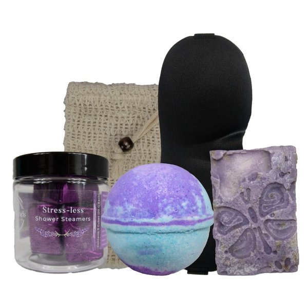 Stress Blends Spa Gifts for Women Shower Steamers Aromatherapy & Bath Bomb Plus Handmade Lavender Soap Luxury Spa Gift Set-Self Care Kit for Women & Men. Client Gift with Bonus Soap Pouch & Eye Mask