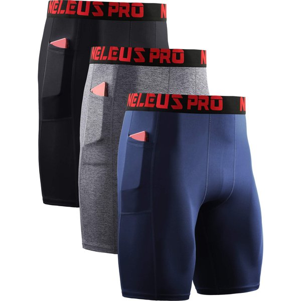 NELEUS Men's Compression Shorts with Pockets 3 Pack,6064,Black/Grey/Navy Blue,M,EU L