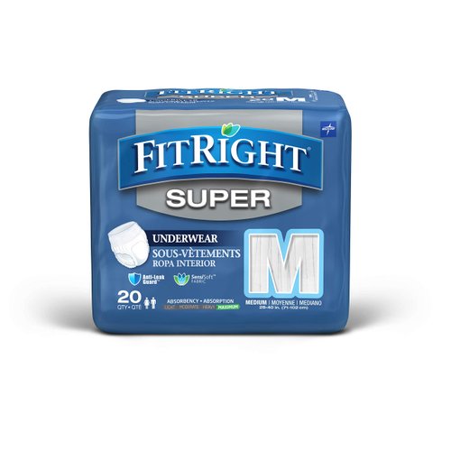Medline FitRight Super Protective Incontinence Underwear, Maximum Absorbency, Medium, 28 to 40", 20 Count
