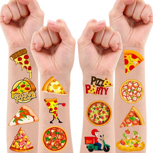 102 PCS Pizza Temporary Tattoos Themed Birthday Party Decorations Favors Supplies Décor Cute Pizza Time Pie Slice Fast Food Tattoo Stickers Gifts For Boys Girls Class Prizes Rewards Cartoon Carnival