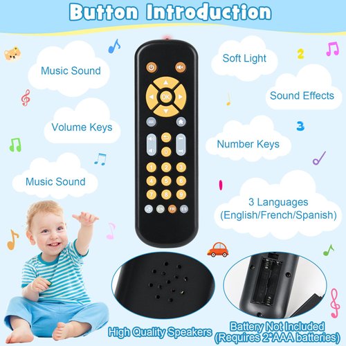 Baby TV Remote Control Toy with Sound and Light, Music Toys for Baby 6-24 Months, Infant Teether Toys, Early Development Toys with 3 Language English/French/Spanish for Toddlers 6 12 18 Month
