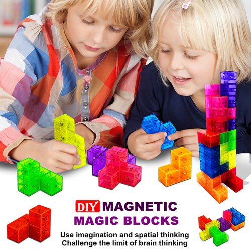 OUXIA Magnetic Building Blocks Magic Magnetic 3D Puzzle Cubes, Set of 7 Multi Shapes Magnetic Blocks with 54 Guide Cards,Parent-Child Interactive Children's Educational Toys (14color)