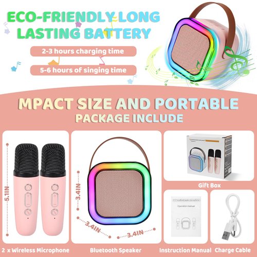 NijiKuma Karaoke Machine for Kids Adults, Karaoke Machine with 2 Wireless Microphone, Portable Bluetooth Karaoke Speaker with Colorful Lights for Girls and Boys 4-10 +Year Old Birthday, (Pink)