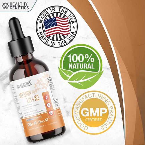 Healthy Genetics Liquid Vitamin D3 K2 Plus Vitamin K2 MK-7 | 5000IU Vitamin D Liquid Drops | Bones | Immune | Heart Health | Boost Energy 2oz
