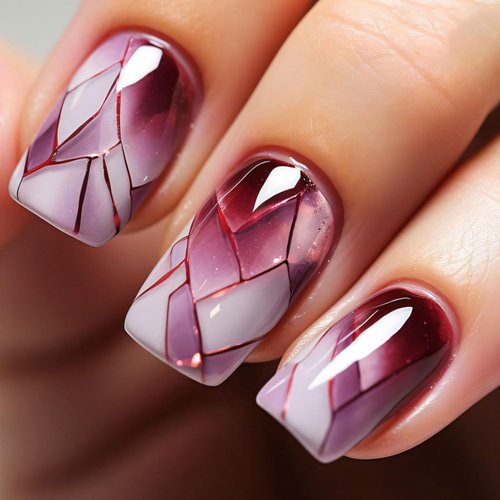 Square Press on Nails Glossy False Nails Short Length Acrylic Nails Geometry Fake Nails Purple and White Glue on Nails with Broken Glass Design Stick on Nails Full Cover Nails for Women 24 Pcs