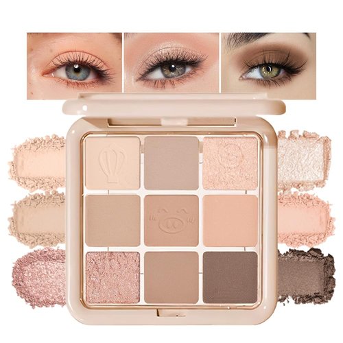 JUAAZIN 9 Colors Matte Shimmery Eyeshadow Palette for Women, Peach Puff Sepia Light Bronw Nude Brown Neutral Warm Eyeshadow Palette Long Lasting Waterproof Eye Shimmer Natural Velvety Finish Look 01