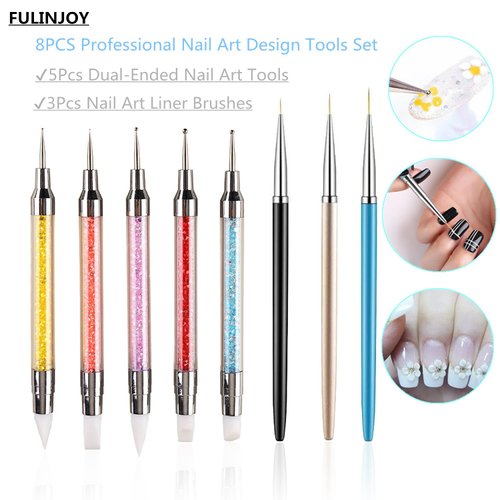 FULINJOY 8pcs Nail Art Design Tools, 5PCS Dual-Ended Nail Art Sculpture Pen Dotting Tools with 3PCS Nail Liner Brushes, Silicone Nail Polish Brushes Stainless Steel Carving Drawing Tool