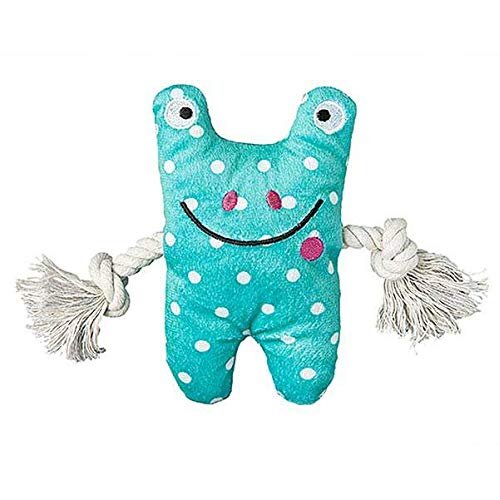 Patchwork Pet Frog Greybar Premium Dog Toy Plush w Pull Through Rope Squeaker