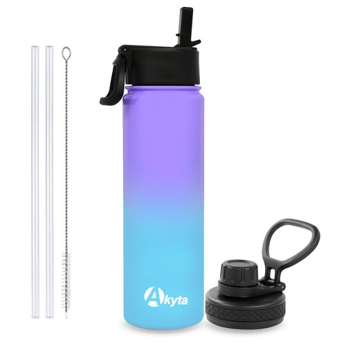 Akyta 24 Oz Water Bottle, Sports Water Bottle with Straw Lid, Vacuum-Insulated Stainless-Steel, Double-walled Thermos Water Bottle for Hiking Biking (24 OZ, Purple Blue)