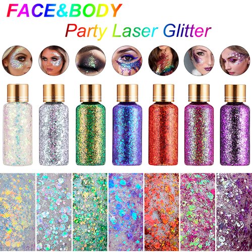 Holographic Body Glitter Gel, Mermaid Sequins Face Glitter Makeup for Body, Hair, Face, Nail, Eyeshadow, Long Lasting Waterproof Party Glitter for Festival Stage Nightclubs, 1oz (Laser Pink.)
