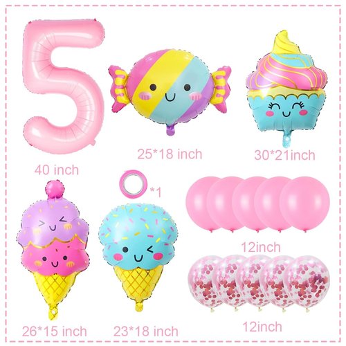 Ice Cream Balloons Number 5 Balloon 40 Inch, Ice Cream Birthday Party Decorations, 5 Balloon Number for Candy Birthday Party Decorations