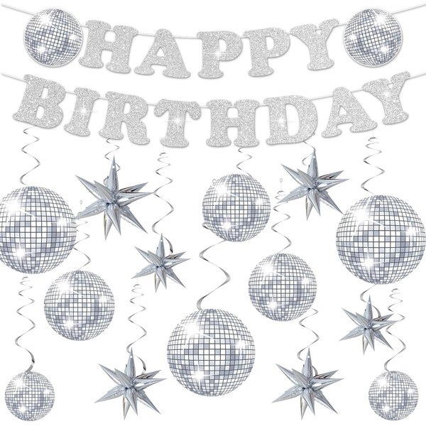 Disco Party Decorations Set include Paper Happy Birthday Party Banner with Paper Disco Ball Star Hanging Swirls Sreamers for 90s Disco Birthday Party Decor Supplies