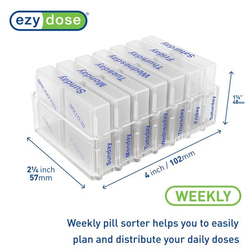 EZY DOSE Weekly (7-Day) Pill Organizer, Vitamin and Medicine Box, Pop-Out Compartments, 4 Times a Day, Clear Lids