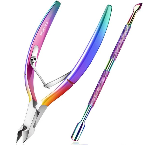 Cuticle Trimmer with Cuticle Pusher - Cuticle Cutter Nipper Clipper RONAVO Dead Skin Remover Scissor Plier Durable Manicure Pedicure Tools for Fingernails and Toenails Chameleon