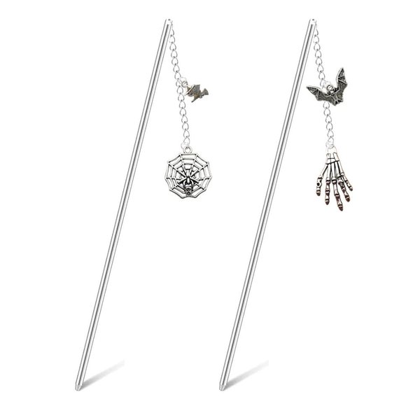 2pcs Spider Web Theme Hair Sticks Skeleton Hand Bat Witch Hairpin Hair Comb Pendant Hair Updo Accessories MGPFERD