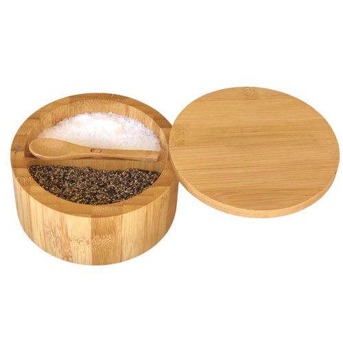 Bamboo Salt and Pepper Box - 2 Compartment - Built-in Serving Spoon - Swivel Lid with Magnet to Keep Dry, Dust-free - Salt Cellar Seasoning Container Holder Bowl- Divider with 7 Ounce Capacity