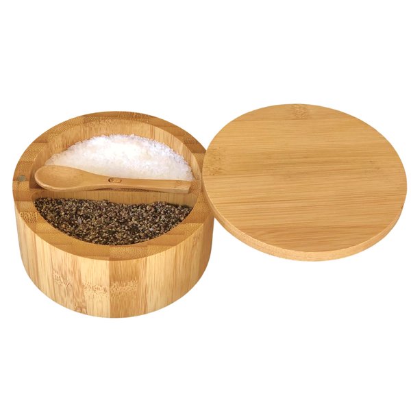 Bamboo Salt and Pepper Box - 2 Compartment - Built-in Serving Spoon - Swivel Lid with Magnet to Keep Dry, Dust-free - Salt Cellar Seasoning Container Holder Bowl- Divider with 7 Ounce Capacity
