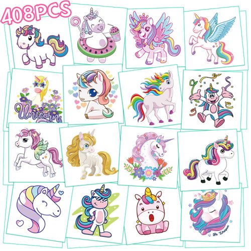 Individual Temporary Tattoos for Kids - 408 Pieces | Unicorn、Butterfly、Mermaid | Tattoos Stickers for Girls | Goody Bag Favor for Parties | Non-toxic、Skin-Safe*、Cosmetic-Grade