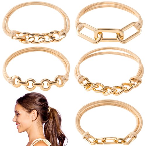 CustomyLife 5pcs Gold Bracelet Hair Ties for Women, Boho Alloy Hair Band Scrunchies Ponytail Holder, Fashion Elastics Hair Ring Accessories for Long Short Curly Straight Thin Thick Hair
