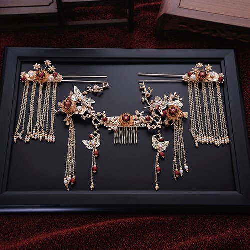 Oligage Women Gold Butterfly Hair Comb Traditional Chinese Wedding Headdress Accessories Red Pearl Stick Head Jewelry Bridal Headpiece