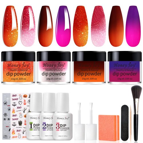 Honey Joy Dip Powder Nail Kit Starter, 4 Colors Halloween Pumpkin Orange Mystic Purple Dipping Po...
