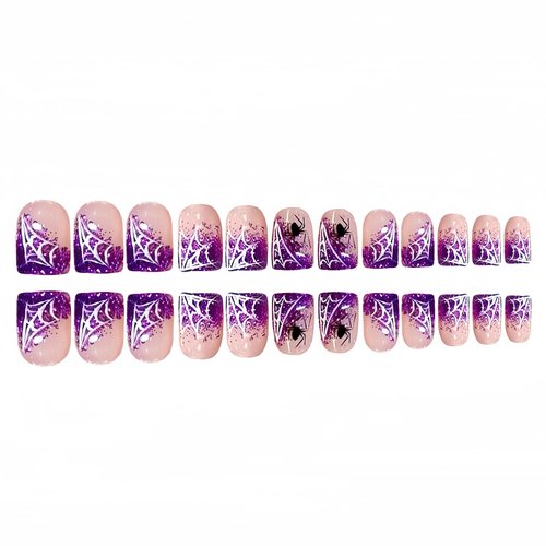 Halloween Press on Nails Short Square Fake Nails Glitter Purple Spider Web French Tip Acrylic Glue on Nails Full Cover Shiny False Nail Stick on Nails for Women Girls Party Manicure Decor 24pcs