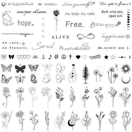 Realistic Temporary Tattoos for Women - 60 Sheets Tiny Small Removable Adult Fake Tattoos,185 Pcs Minimalist Waterproof Inspirational Quotes Words Wild Flower Floral Bouquet Adults Tattoo Stickers