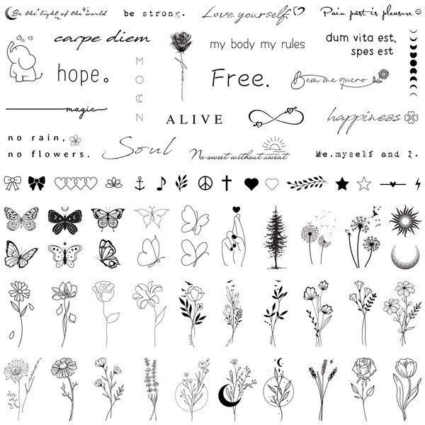 Realistic Temporary Tattoos for Women - 60 Sheets Tiny Small Removable Adult Fake Tattoos,185 Pcs Minimalist Waterproof Inspirational Quotes Words Wild Flower Floral Bouquet Adults Tattoo Stickers