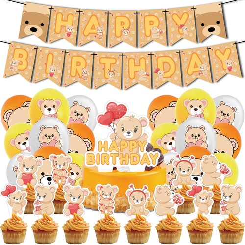 32Pcs Bear Theme Birthday Party Supplies and Decorations Bear Happy Birthday Banner,Latex Balloon, Cupcake Toppers, Set Animal Birthday Party Supplies for Kids Family