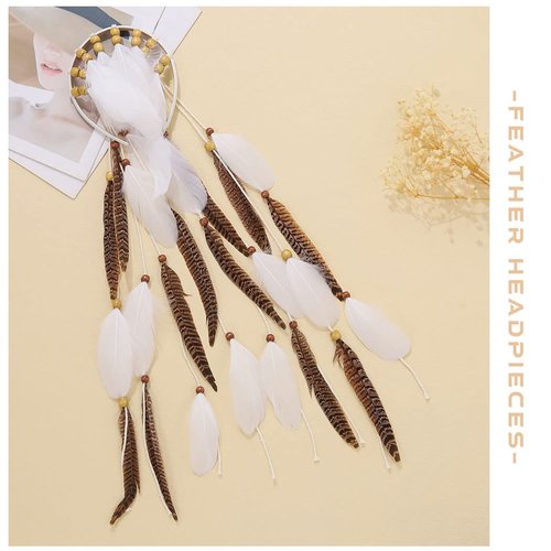 GORTIN Boho Feather Headband Indian Hippie Headbands White Gypsy Headpiece Hair Band Adjust Feather Headdress Bohemian Festival Costumes Hair Accessories for Women and Girls (Type A)