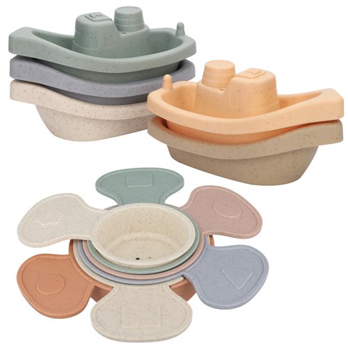 Stackable Bath Boats with Bathing Spoons, 11Pcs Floating Bathtub Toy Mold Free Bath Toys for Toddlers Baby Kids Preschool Boys Girls Shower Gifts
