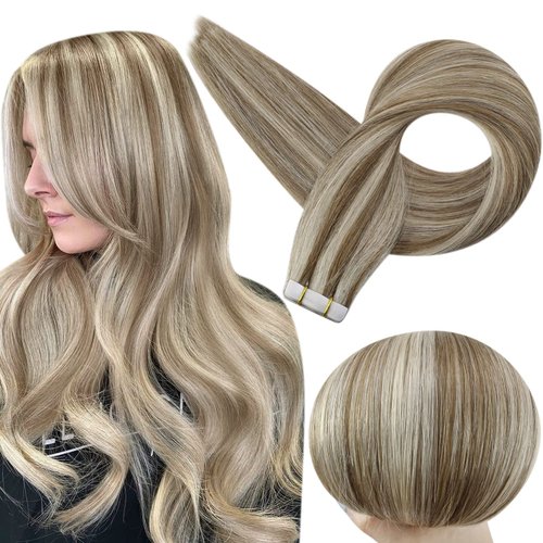 Full Shine Blonde Tape in Hair Extensions Human Hair Highlight Glue in Hair Extensions Color 8 Ash Brown Highlighted 60 Platinum Blonde Straight Hair 14 Inch Skin Weft Tape in Extensions 20 Pcs 50 Gram